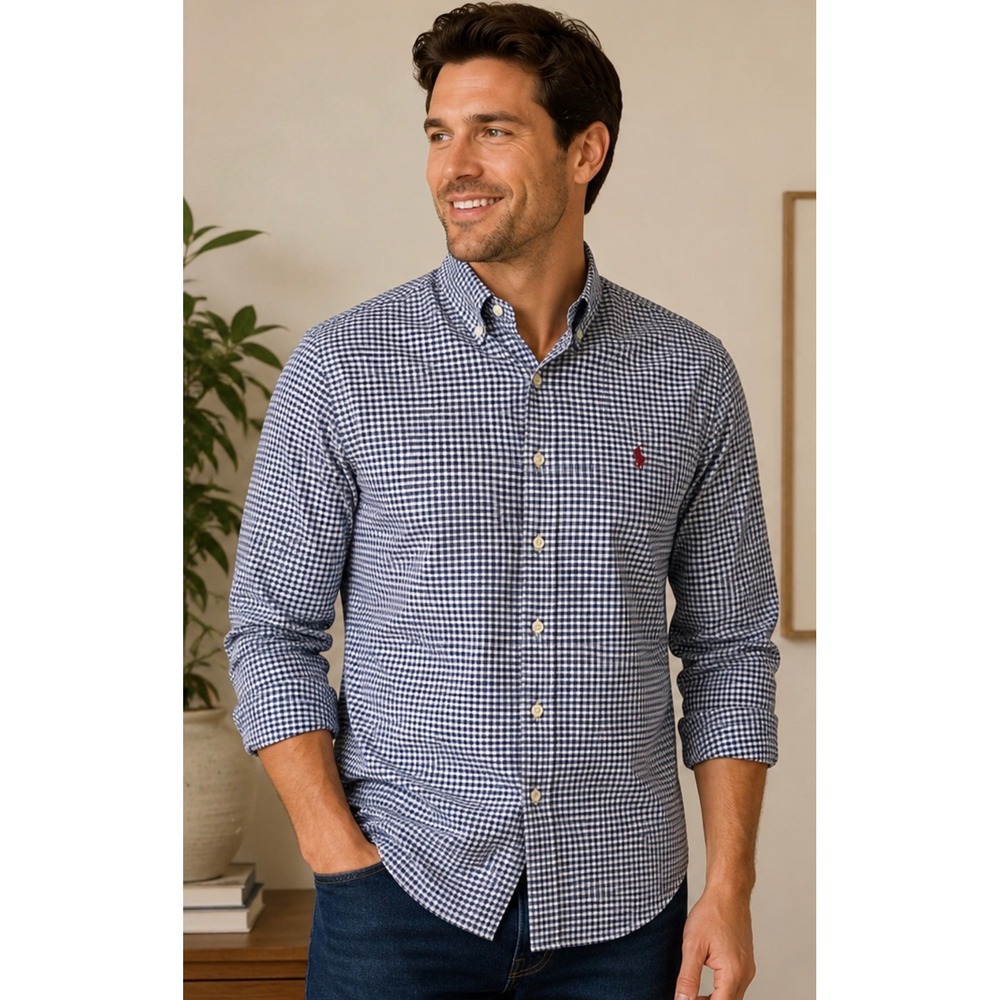 Polo Ralph Lauren Mens XL Slim Fit Stretch Oxford Gingham Shirt Navy Blue White